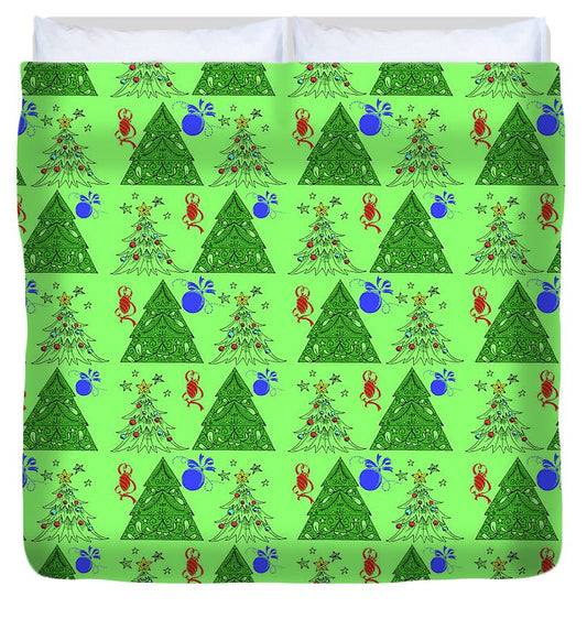 Christmas Trees On Green Pattern - Duvet Cover