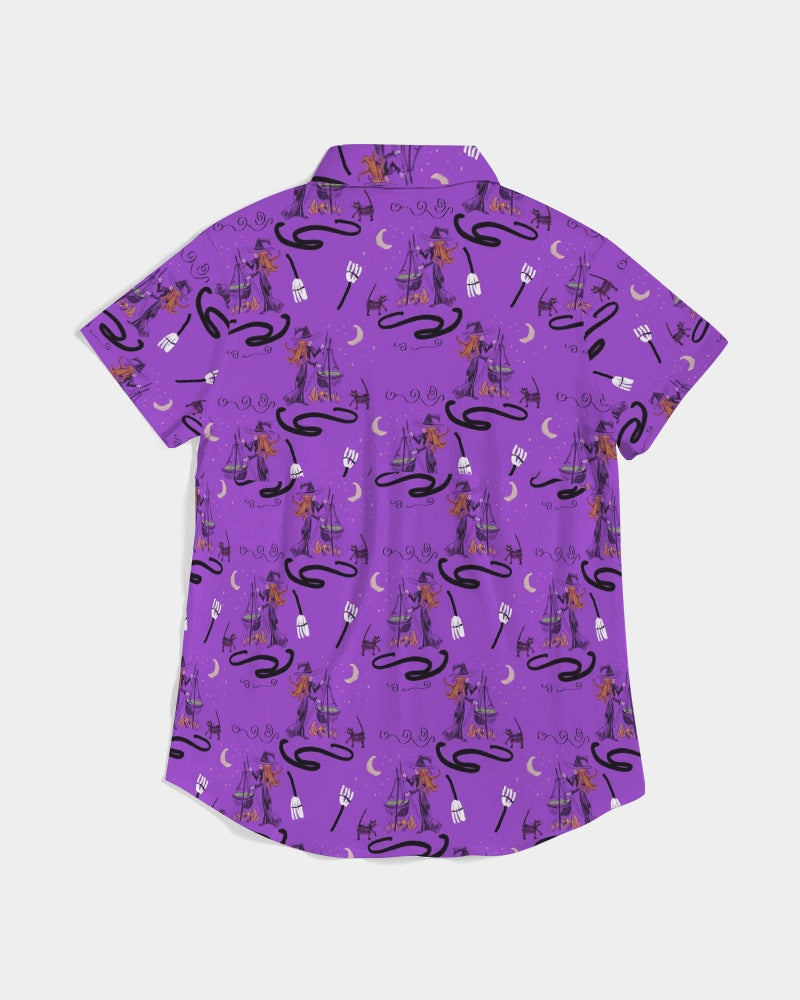 Witch Cat Cauldron Pattern Women's Short Sleeve Button Up