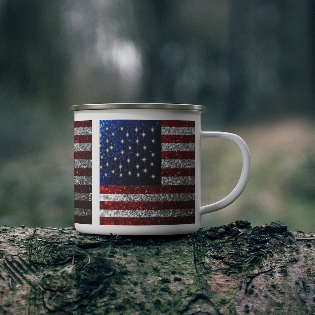 American Flag In Glitter Enamel Camping Mug