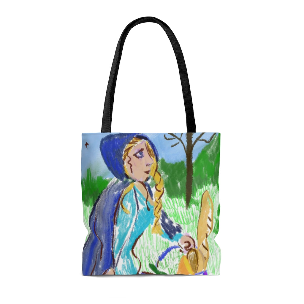 Hooded Woman Carrying Bread AOP Tote Bag