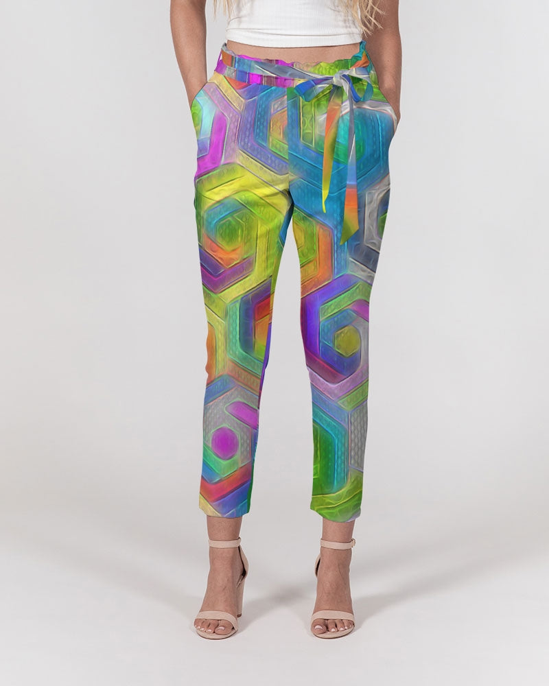 Colorful Hexagons Women's Belted Tapered Pants