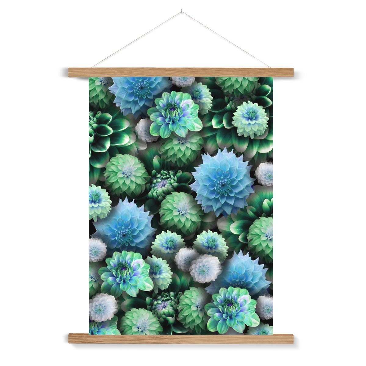 Blue Green Dahlias Fine Art Print with Hanger