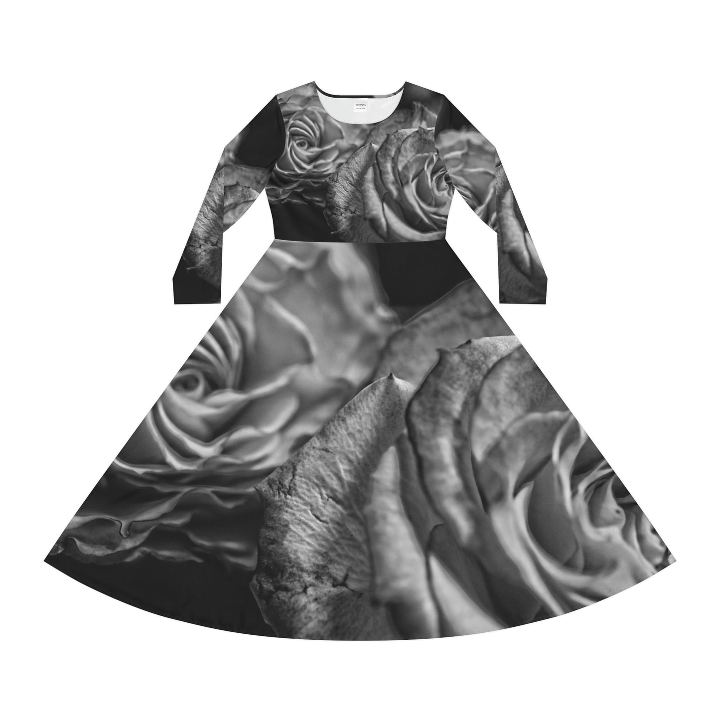 Black and White Tea Roses Women's Long Sleeve Dance Dress