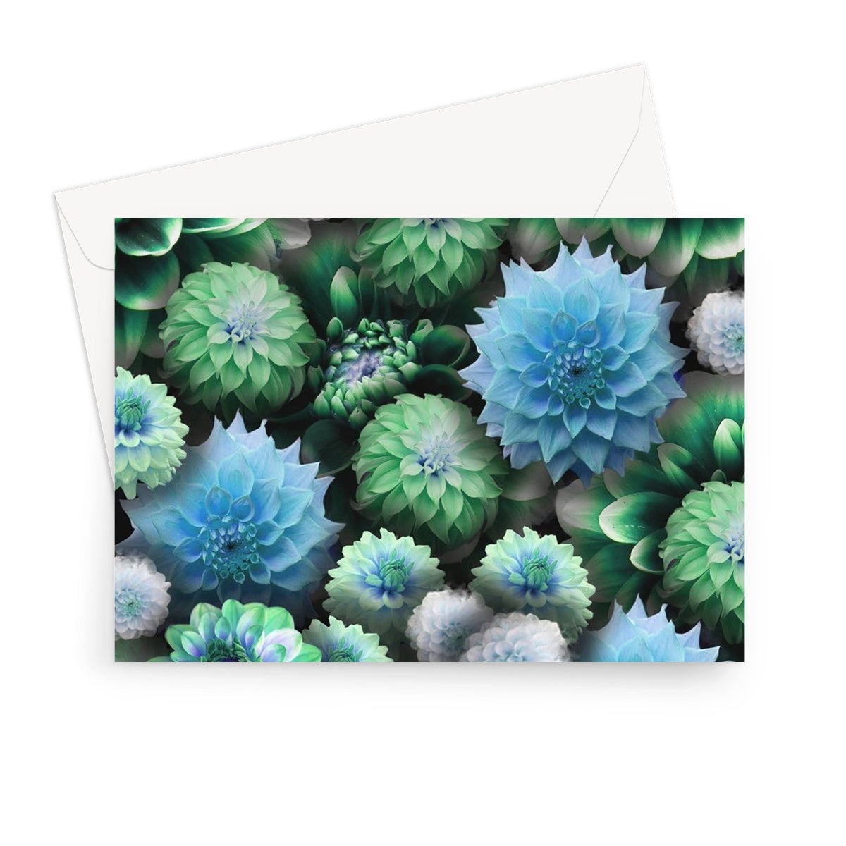 Blue Green Dahlias Greeting Card