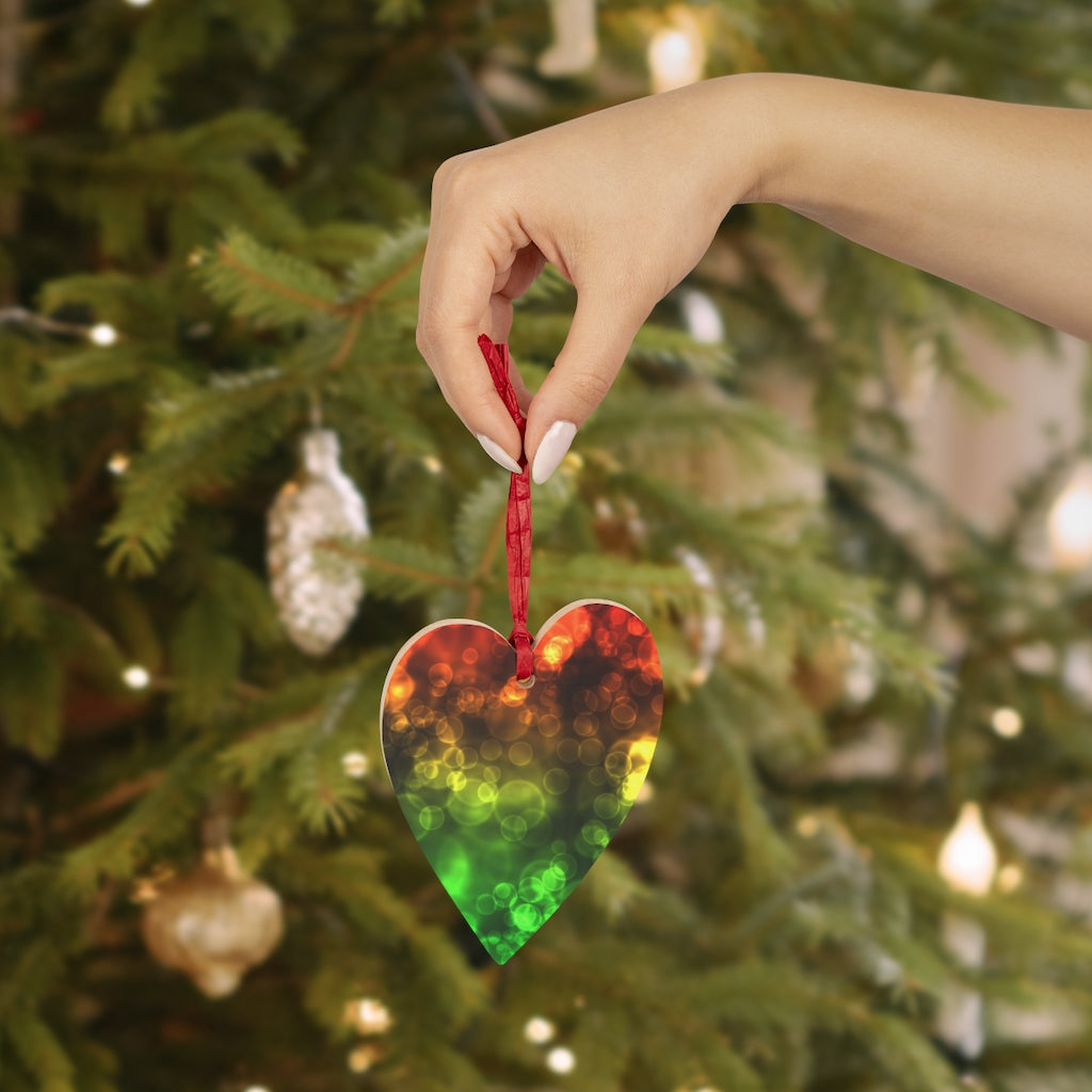 Red Green Bokeh Lights Wooden Christmas Ornaments