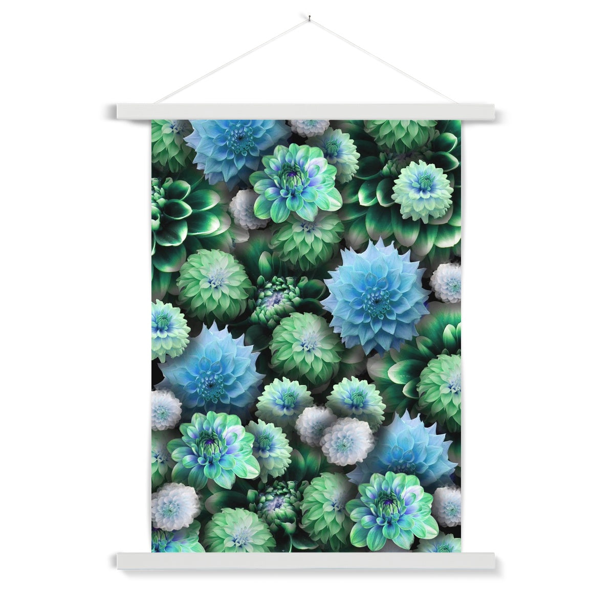 Blue Green Dahlias Fine Art Print with Hanger