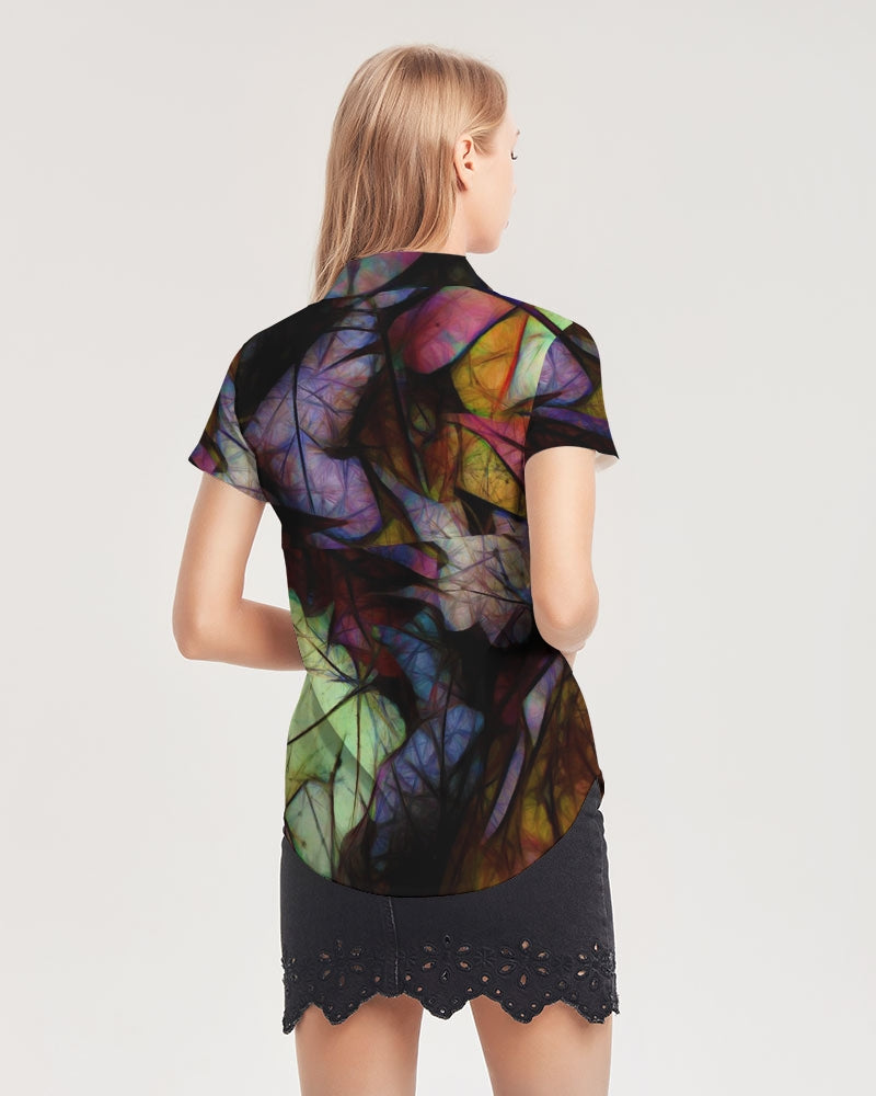 Fall Leaves Abstract Women's Short Sleeve Button Up