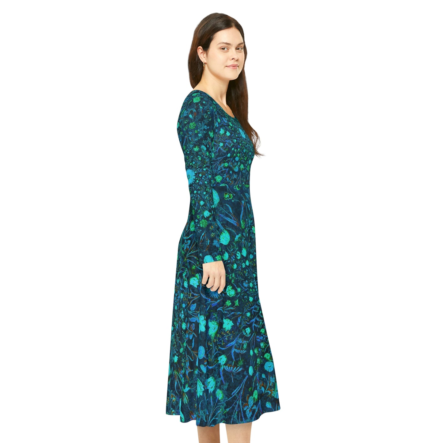 Blue Green Medieval Flowers Women's Long Sleeve Dance Dress (AOP)