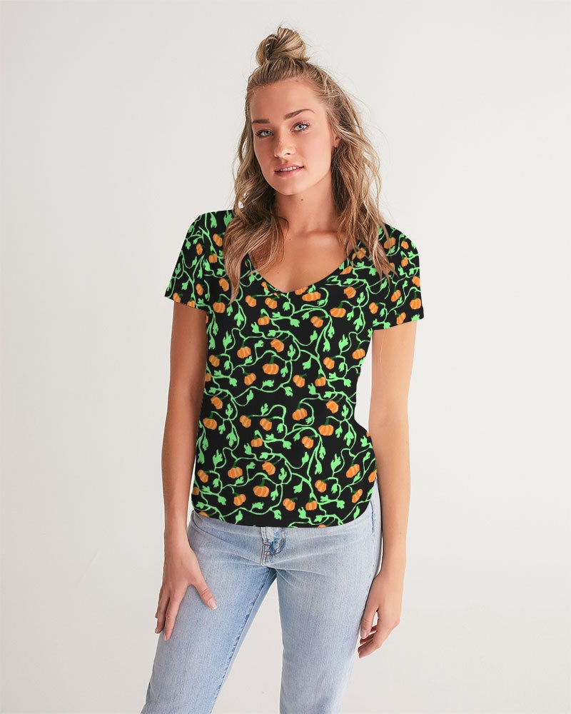 Pumpkin and Vines Patttern Women's V-Neck Tee