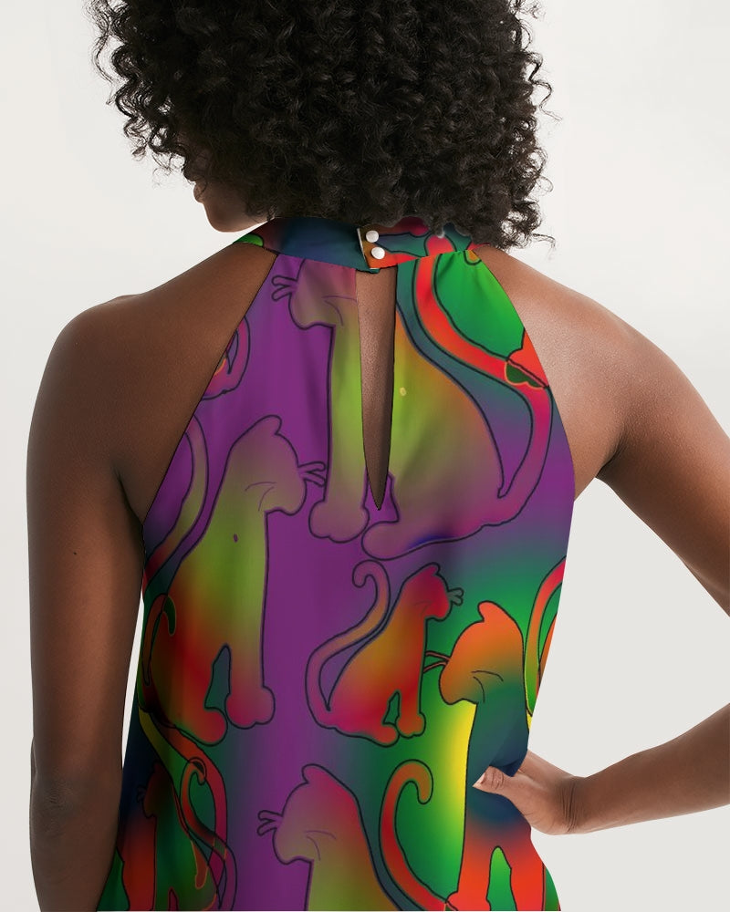 Abstract Rainbow Cats Pattern Women's Halter Dress