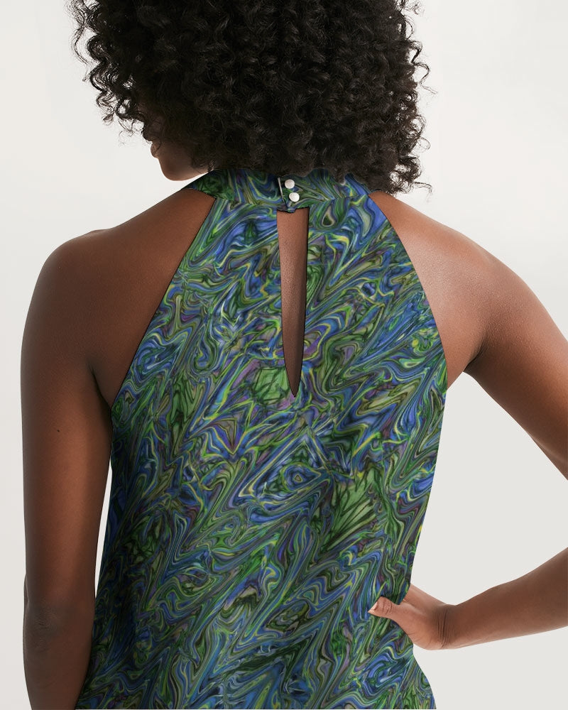 Blue Green Liquid Marbling Women's Halter Dress