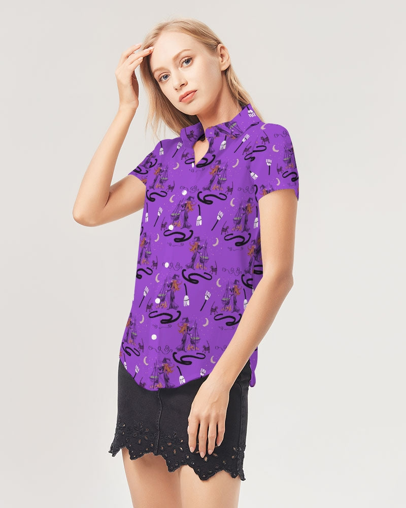 Witch Cat Cauldron Pattern Women's Short Sleeve Button Up