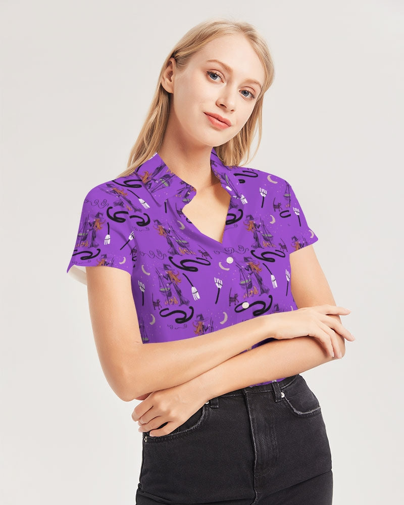 Witch Cat Cauldron Pattern Women's Short Sleeve Button Up