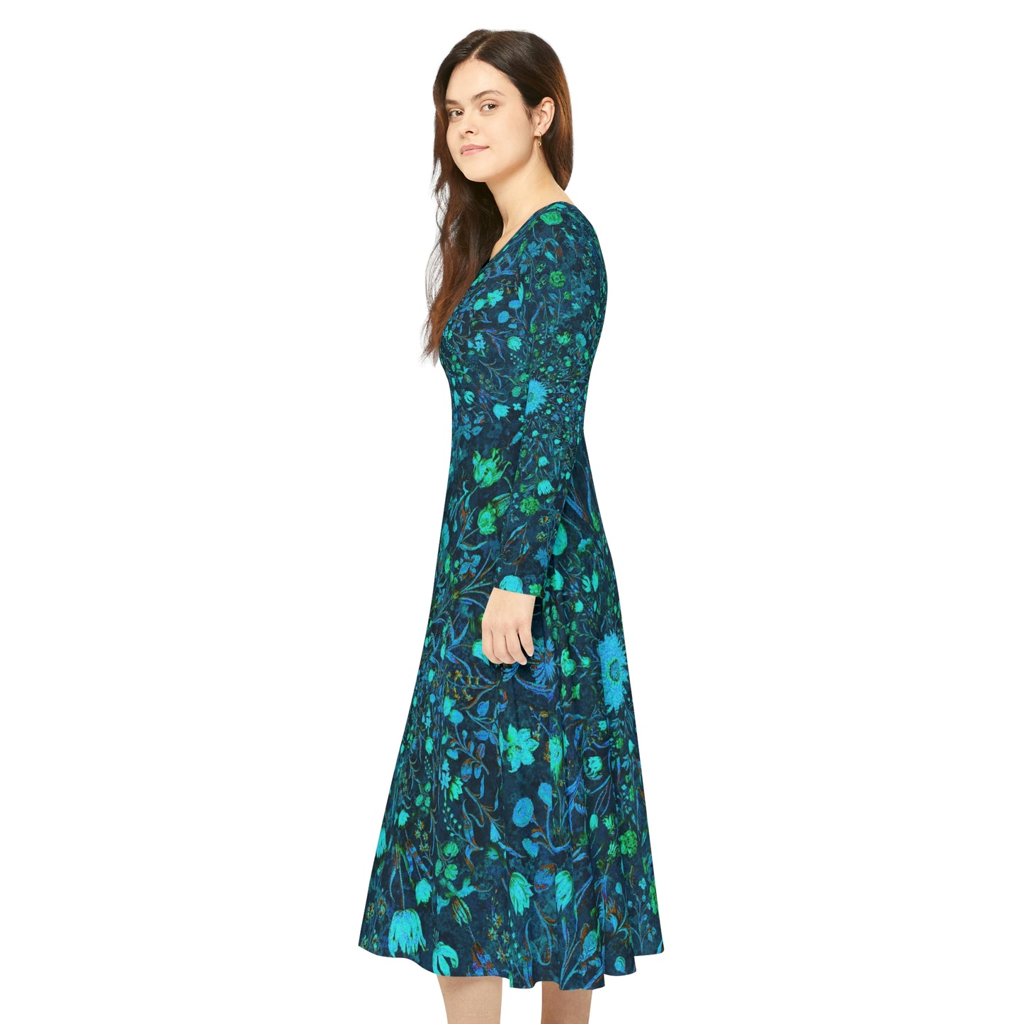 Blue Green Medieval Flowers Women's Long Sleeve Dance Dress (AOP)