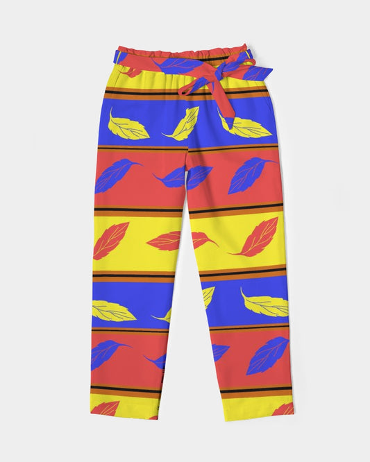 Red Yellow and Blue Leaf Stripes Women's Belted Tapered Pants
