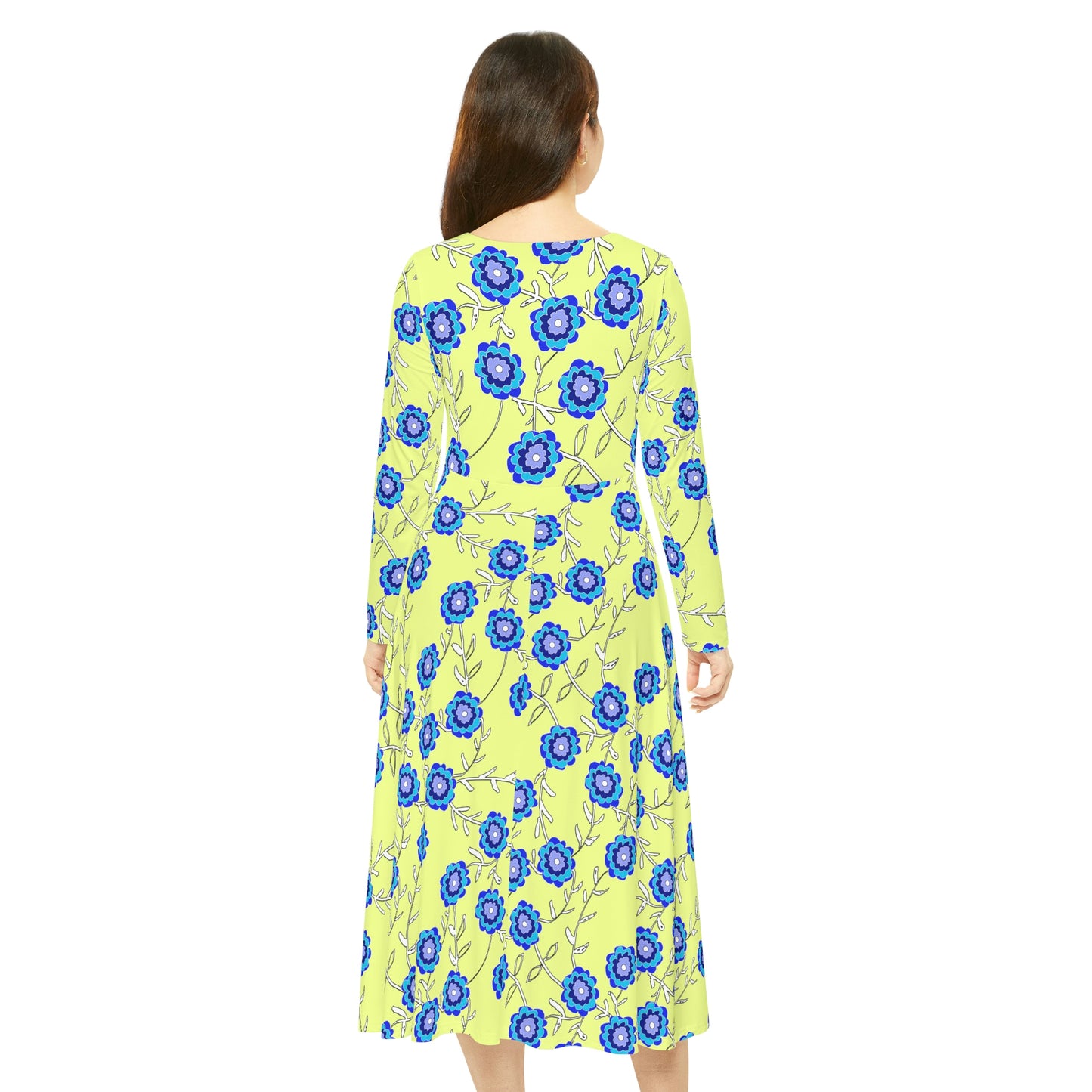 Blue Flowers on Yellow Women's Long Sleeve Dance Dress (AOP)