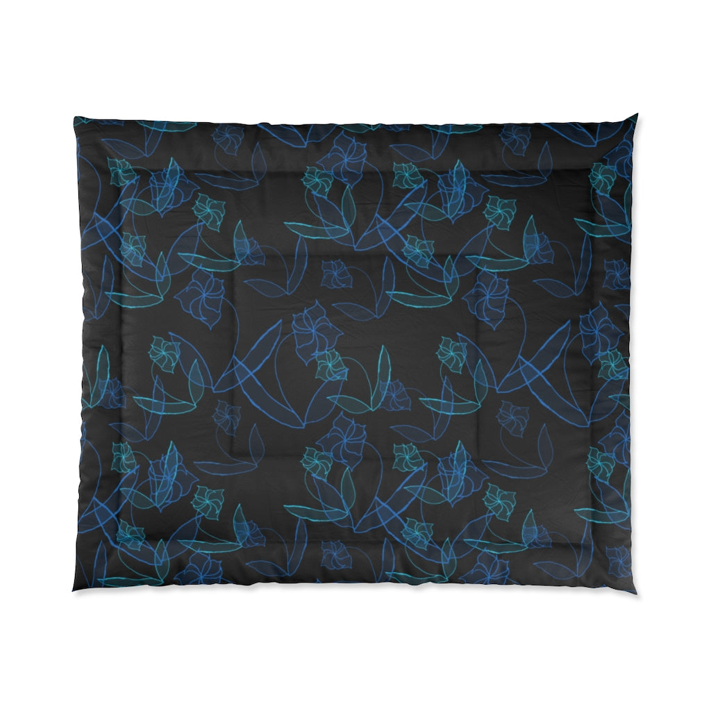 Blue Lilies On Black Comforter