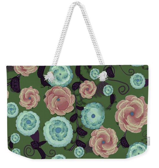 Earthy Peach and Turquoise Flower Pattern - Weekender Tote Bag