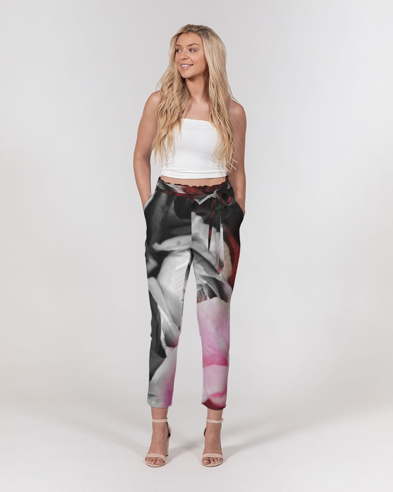 Black and White Roses Fade Women's Belted Tapered Pants