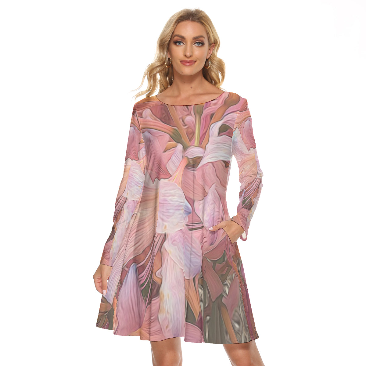 Pink Amaryllis All-Over Print Women's Crew Neck Dress