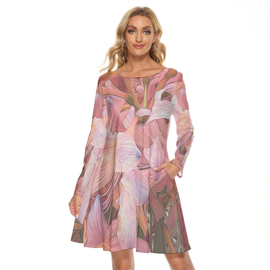 Pink Amaryllis All-Over Print Women's Crew Neck Dress