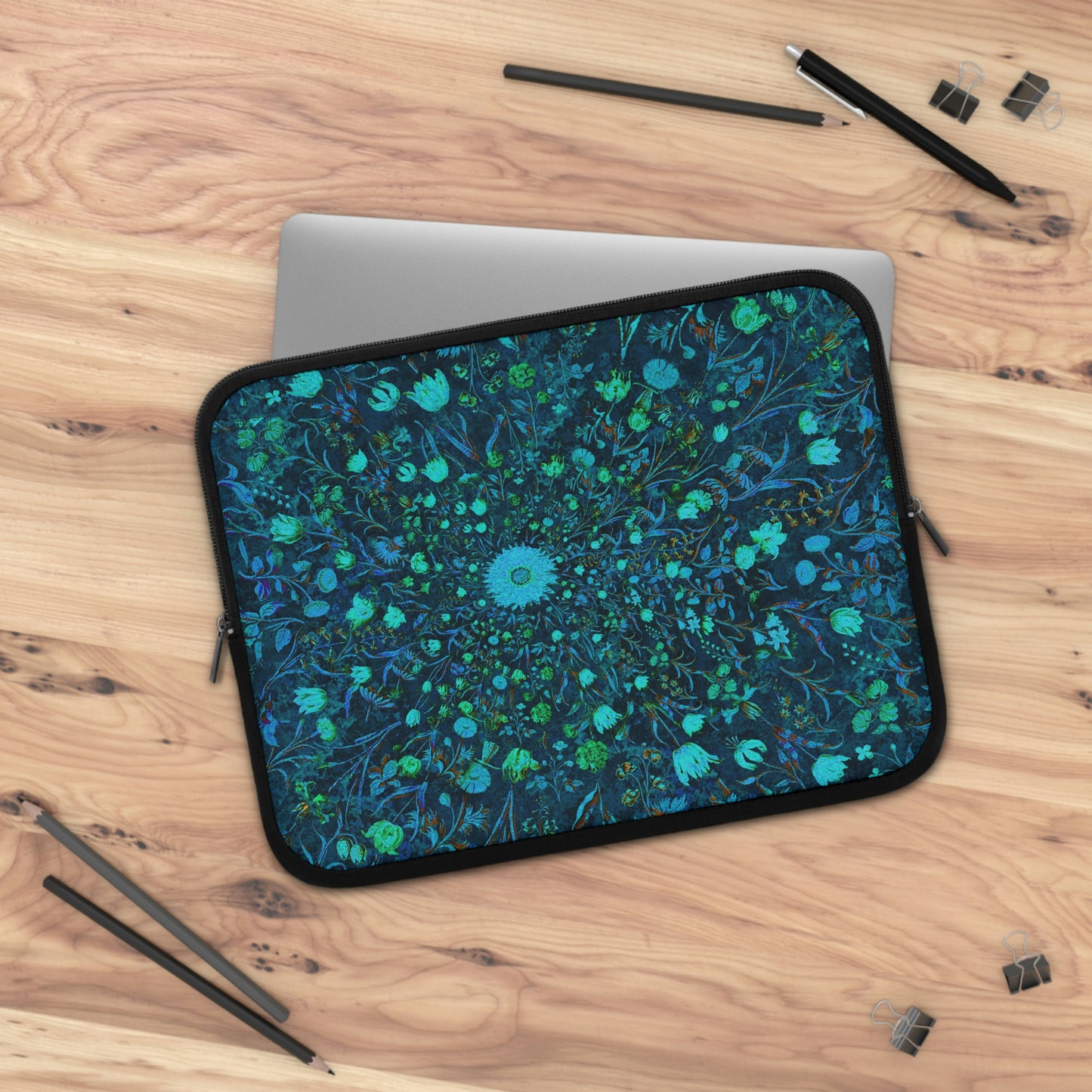 Blue Green Medieval Flowers Laptop Sleeve