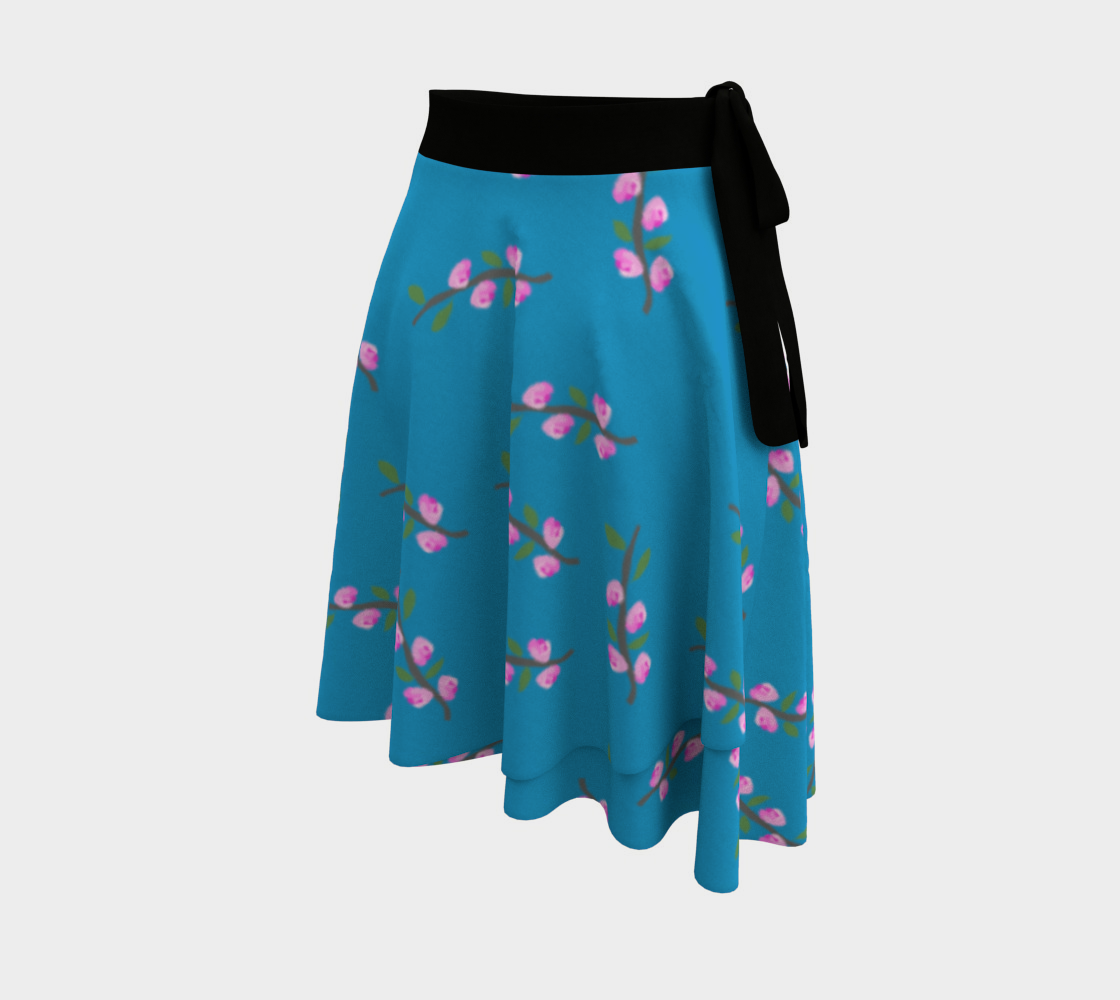 Pink Flower Branches on Blue Wrap Skirt