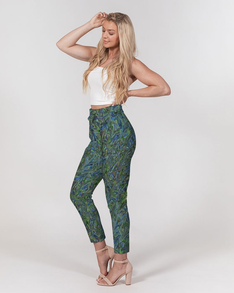 Blue Green Liquid Marbling Women's Belted Tapered Pants
