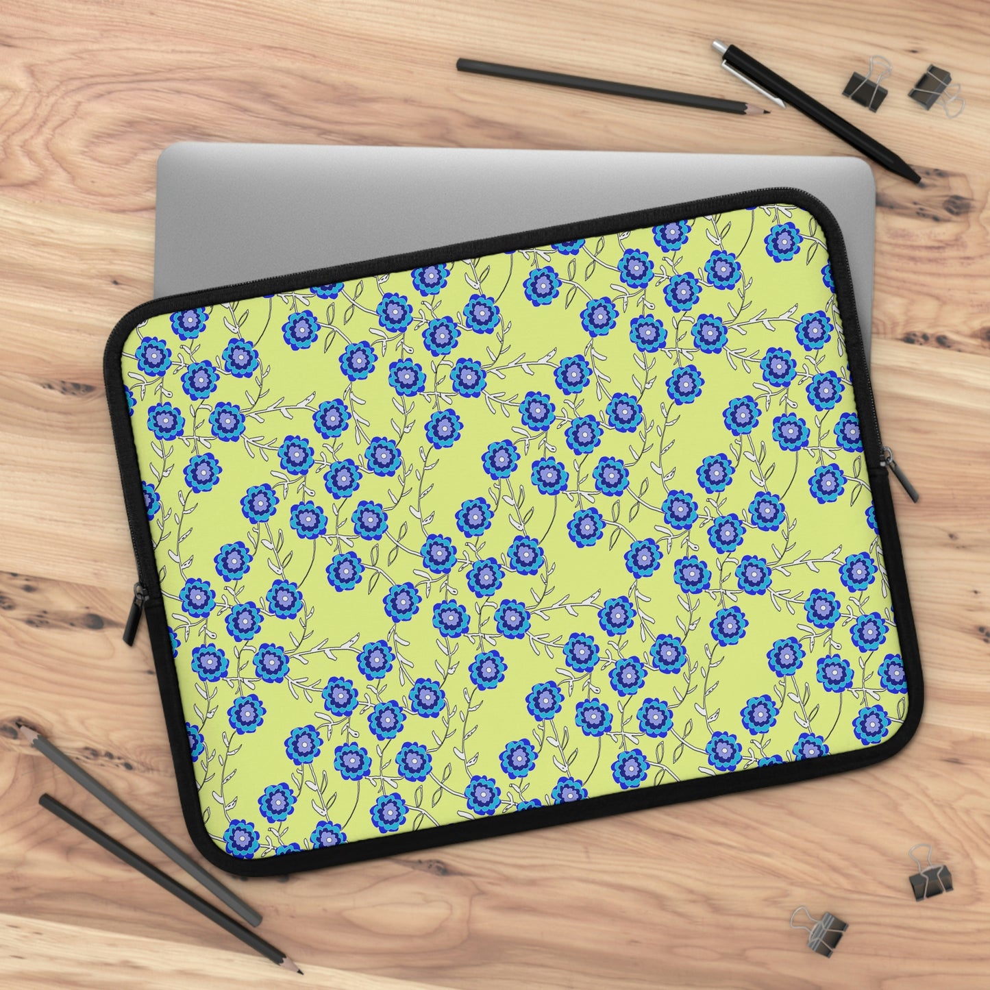 Blue Flowers On Yellow Laptop Sleeve