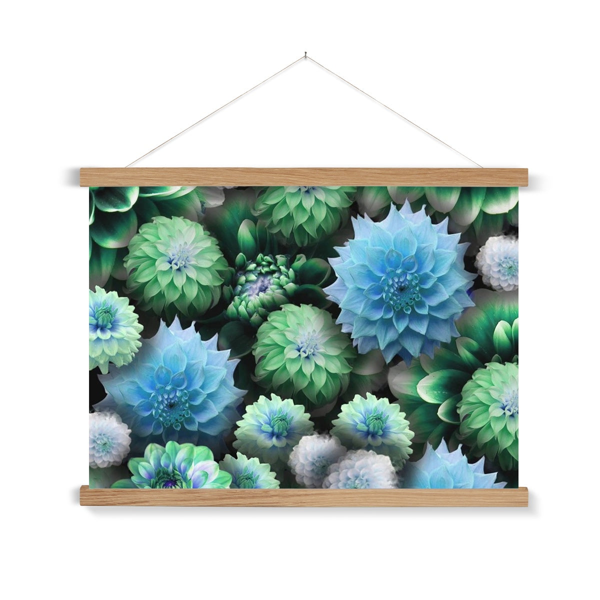 Blue Green Dahlias Fine Art Print with Hanger