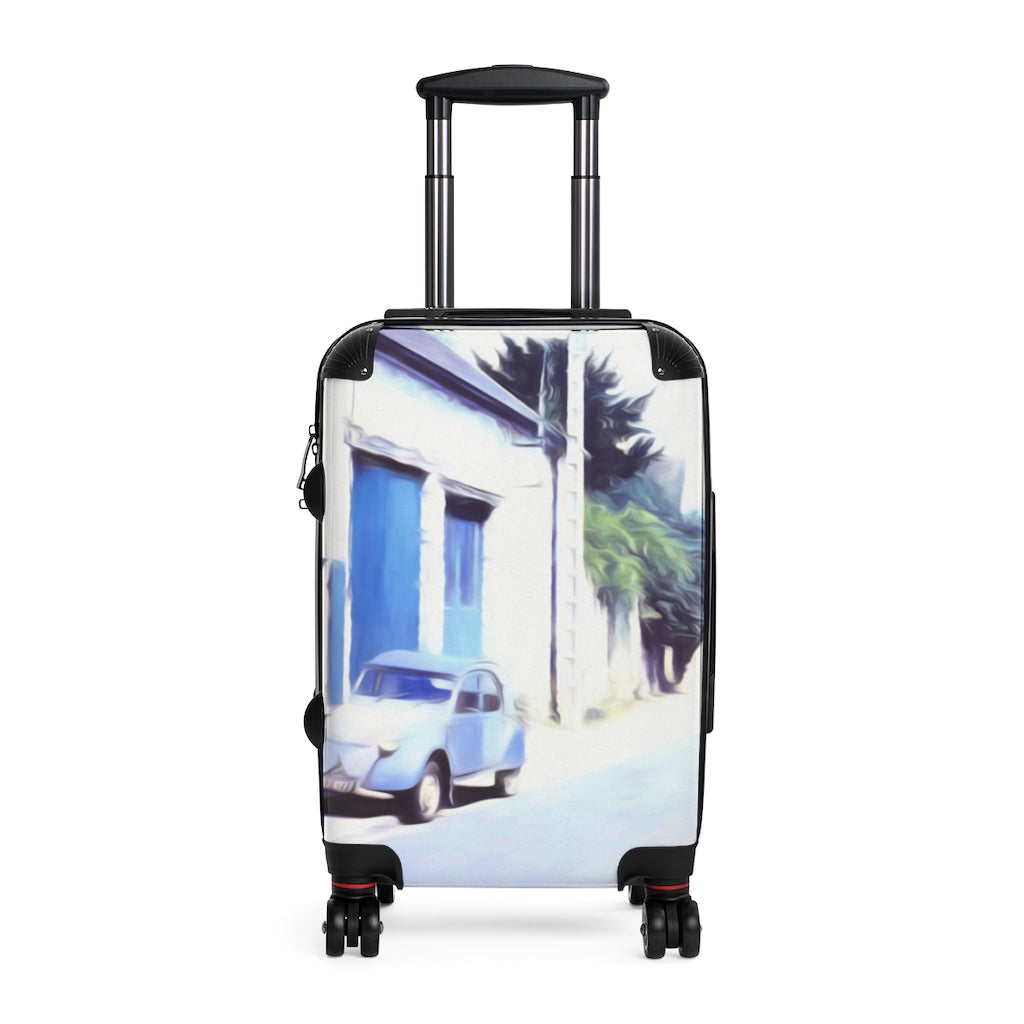 Vintage Travel Blue Car on The Street Cabin Suitcase