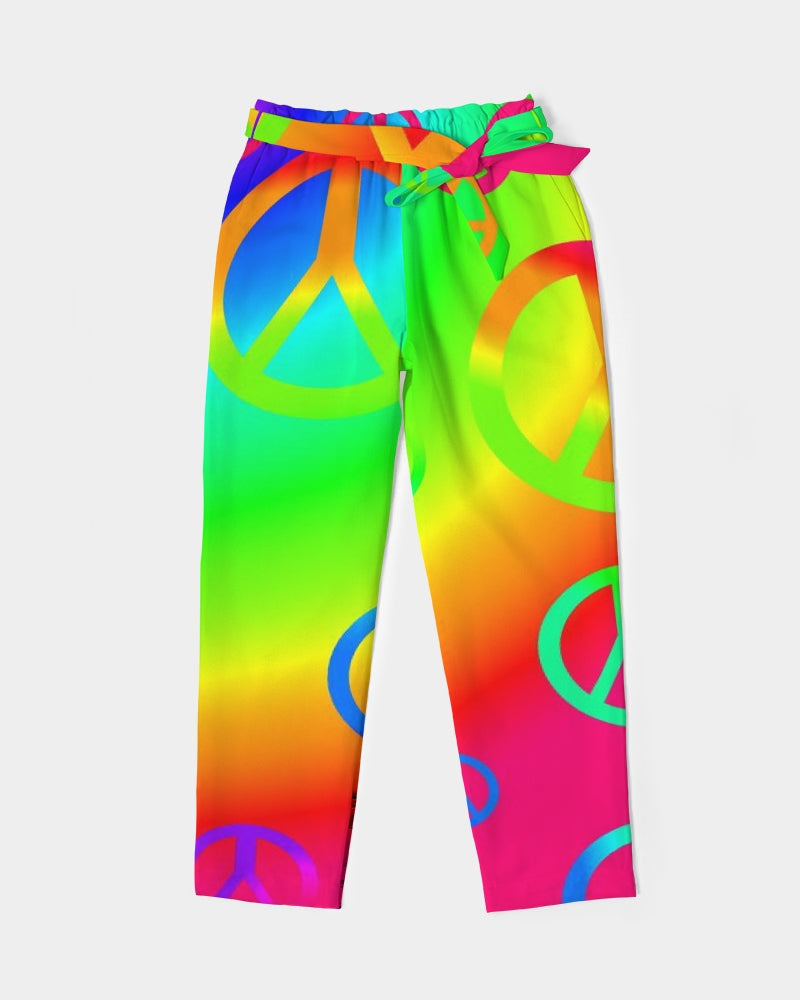 Rainbow Peace Signs Women's Belted Tapered Pants
