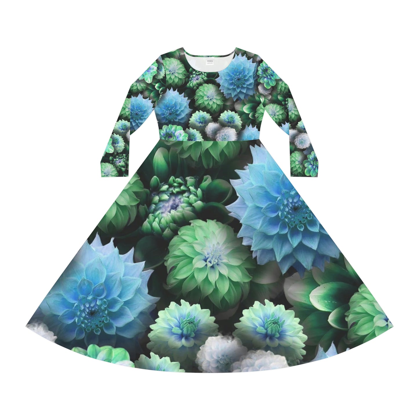 Blue Green Dahlias Collage Women's Long Sleeve Dance Dress (AOP)