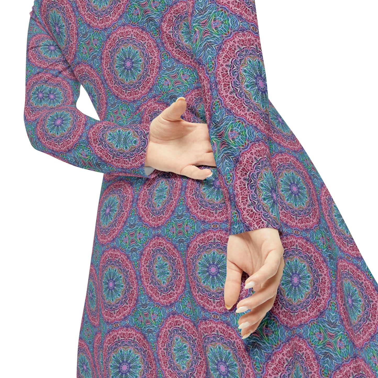 Blue and Pink Kaleidoscope Women's Long Sleeve Dance Dress