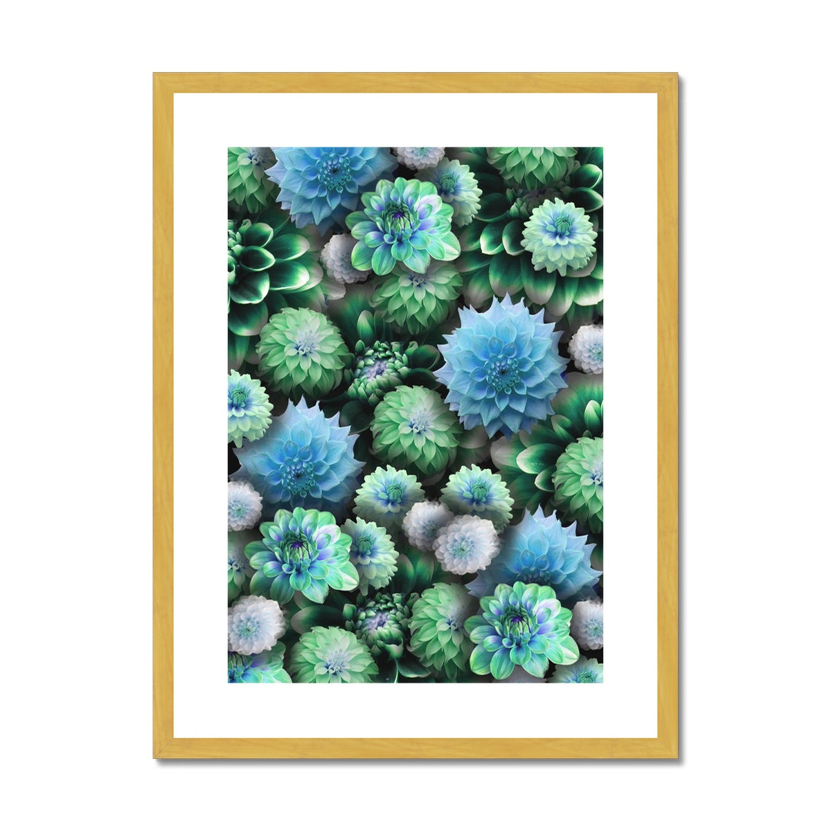 Blue Green Dahlias Antique Framed & Mounted Print