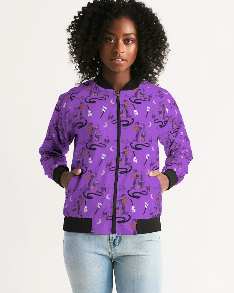 Witch Cat Cauldron Pattern Women's Bomber Jacket