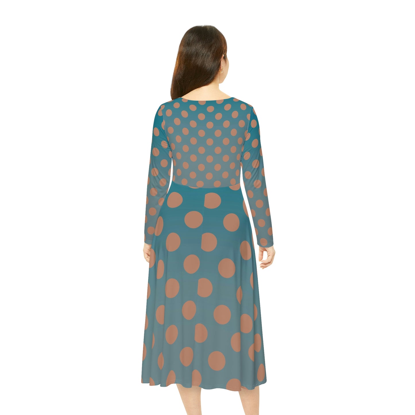 Denim and Brown Polkadots Women's Long Sleeve Dance Dress