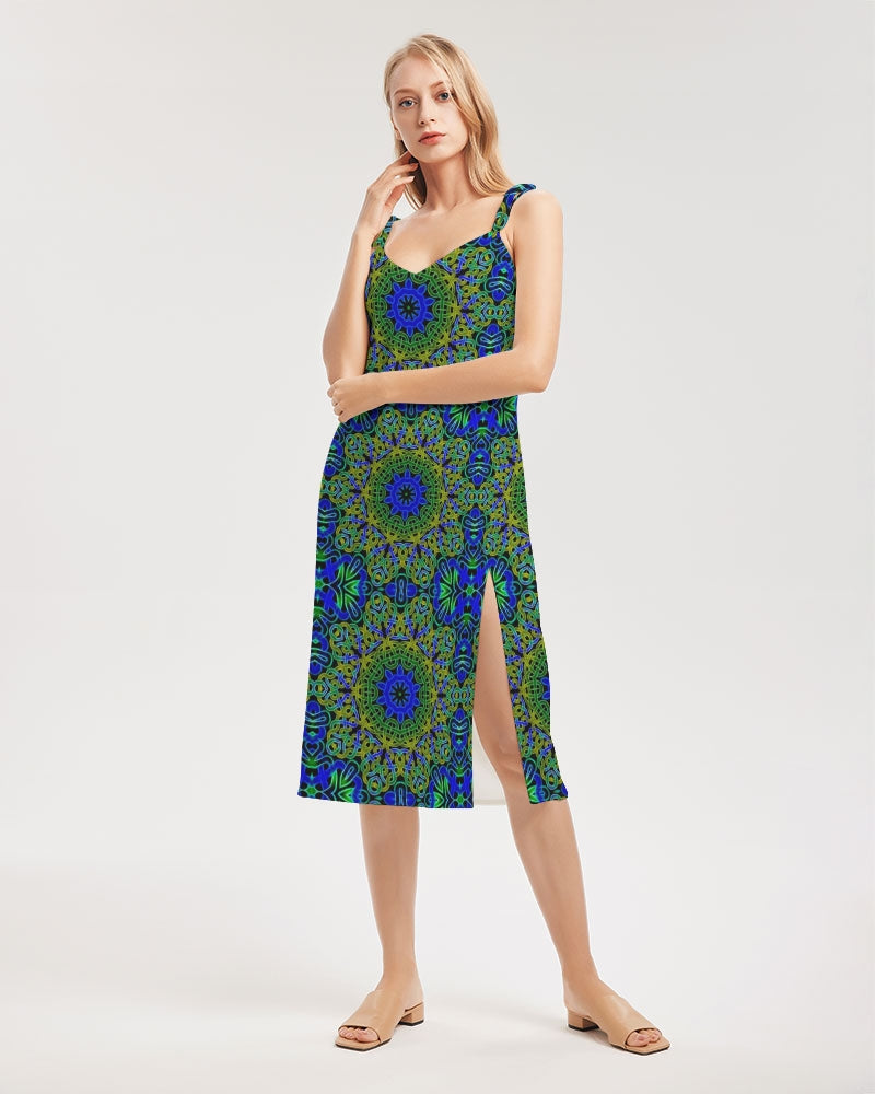 Blue Green Celtic Kaleidoscope Women's Tie Strap Split Dress