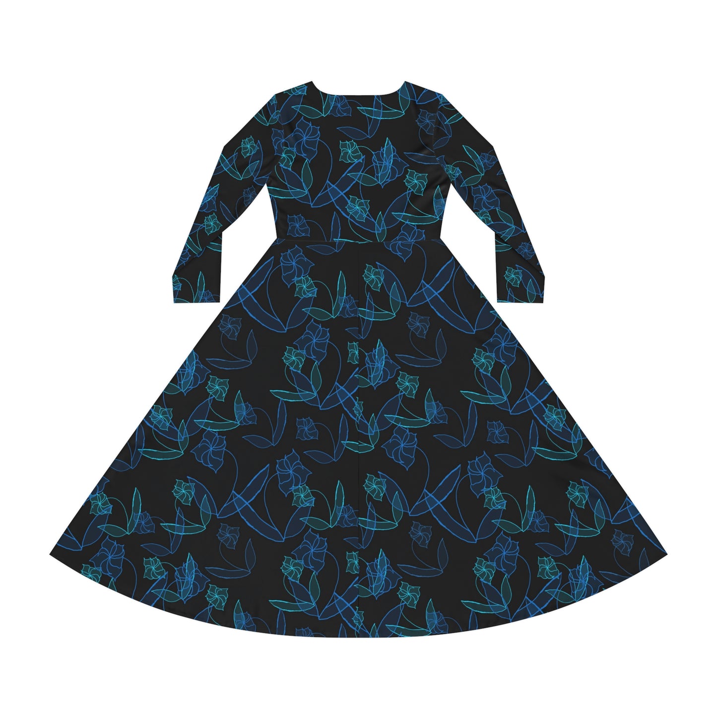 Blue Lillies On Black Women's Long Sleeve Dance Dress (AOP)