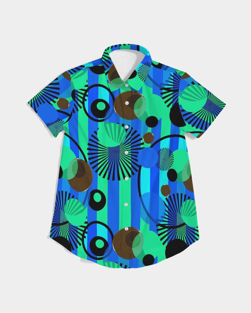 Blue Green Stripes and Dots Women's Short Sleeve Button Up