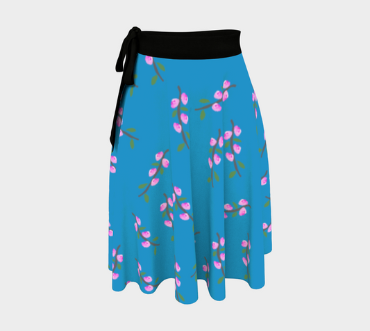 Pink Flower Branches on Blue Wrap Skirt