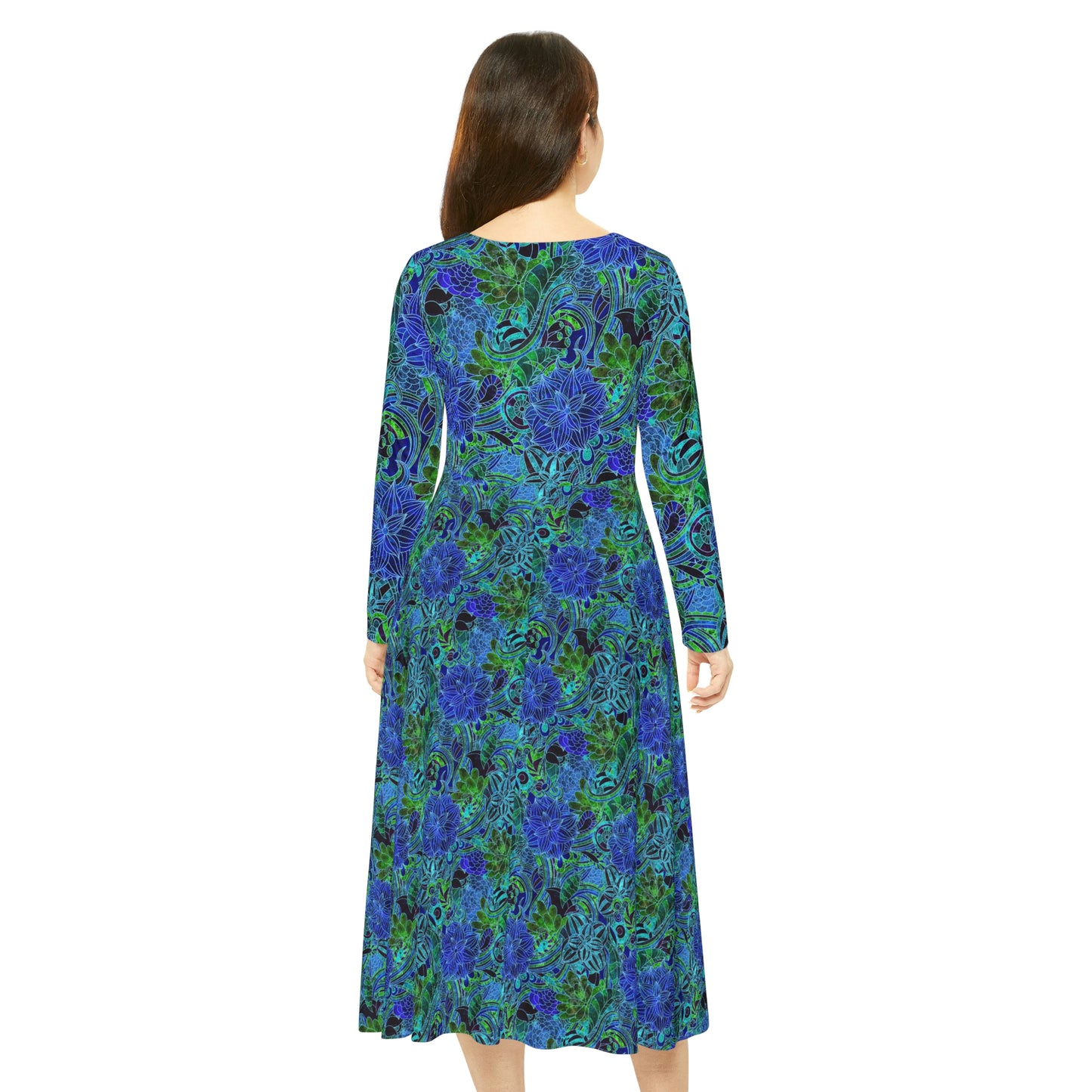 Blue Green Floral Pattern Women's Long Sleeve Dance Dress (AOP)