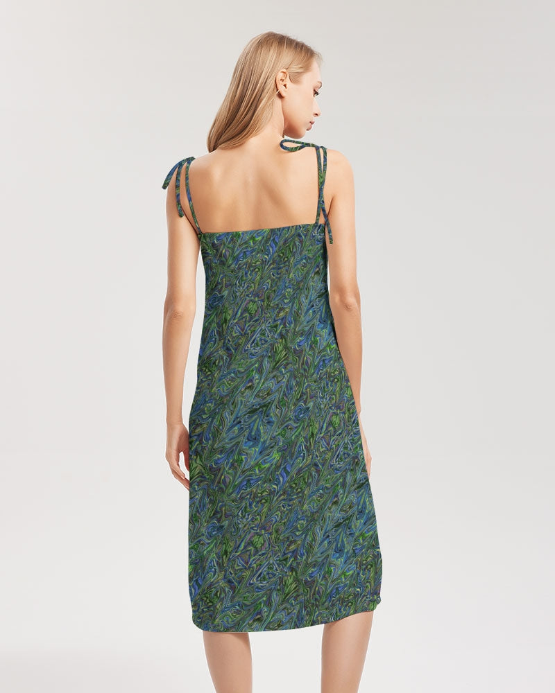 Blue Green Liquid Marbling Women's Tie Strap Split Dress