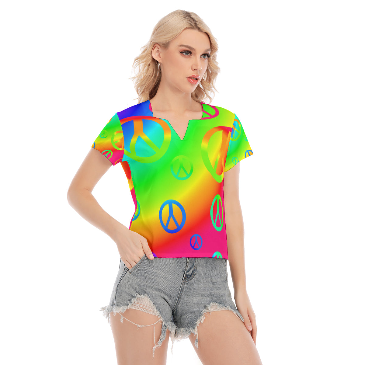 Rainbow Peace Sign All-Over Print Women's Stretch V-Neck Short-Sleeved Blouse
