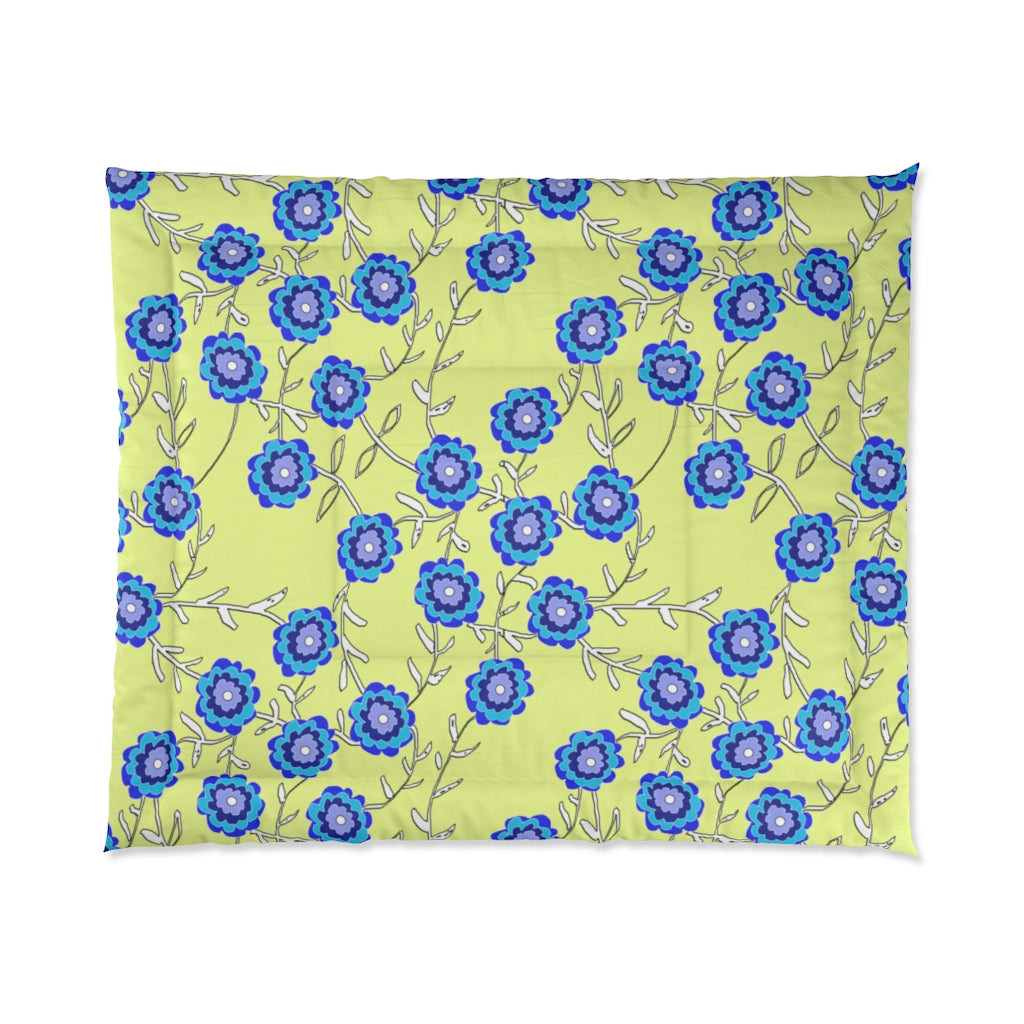 Blue Flowers On Yellow Comforter