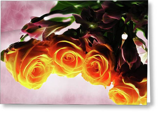 Mini Orange Roses on Pink - Greeting Card