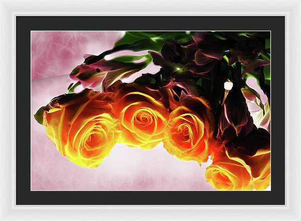 Mini Orange Roses on Pink - Framed Print