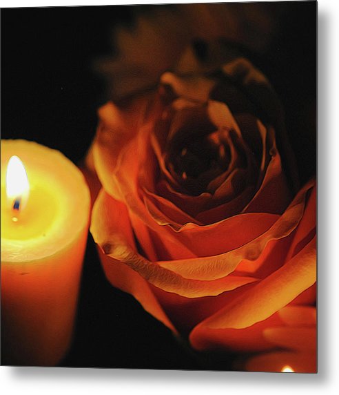 Orange Rose By Candle Light - Metal Print