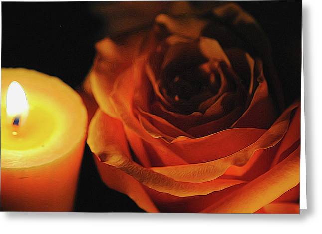 Orange Rose By Candle Light - Greeting Card