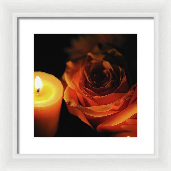 Orange Rose By Candle Light - Framed Print